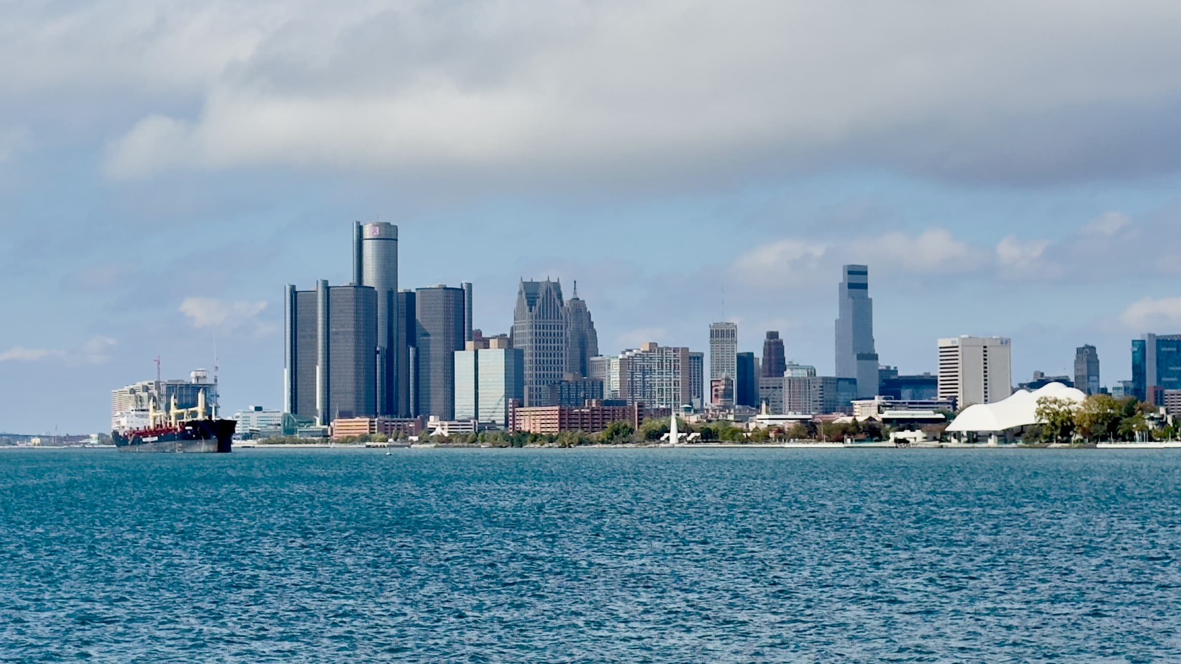 Freighter passing the Detroit skyline